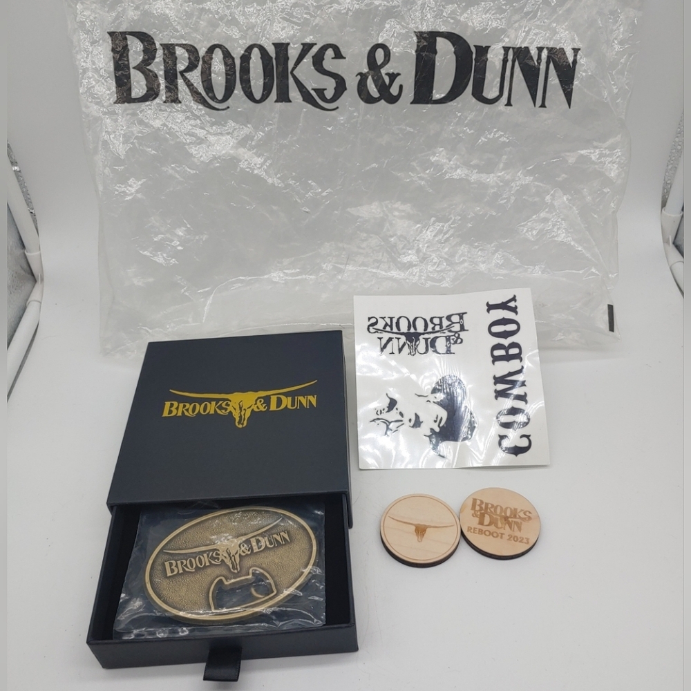 Brooks And Dunn Concert VIP Memorabilia Gold Belt Buckle,Tattoos,Wooden Coin